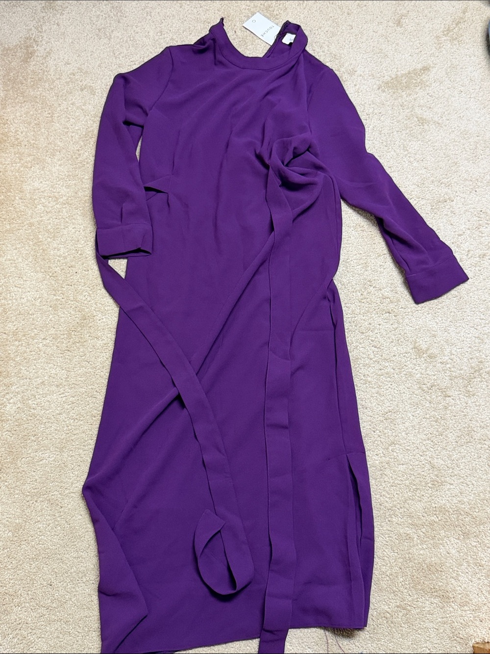 Elegant Plum Long-Sleeve Belted Midi Dress